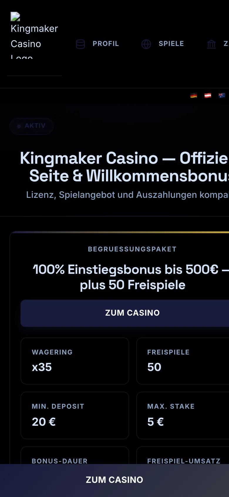Kingmaker Casino mobile lobby screenshot