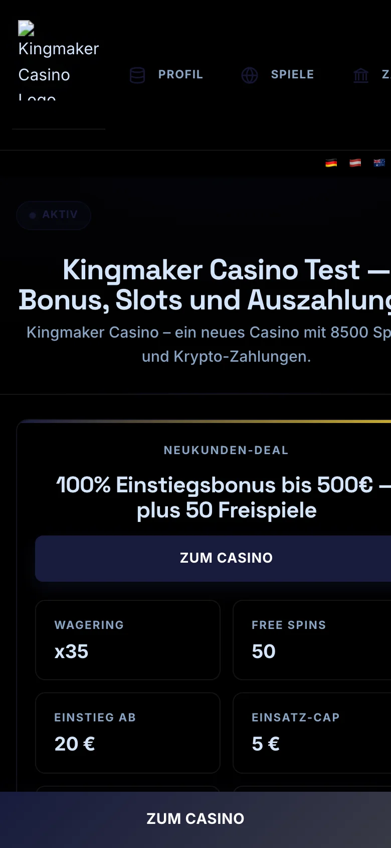 Kingmaker Casino mobile lobby screenshot