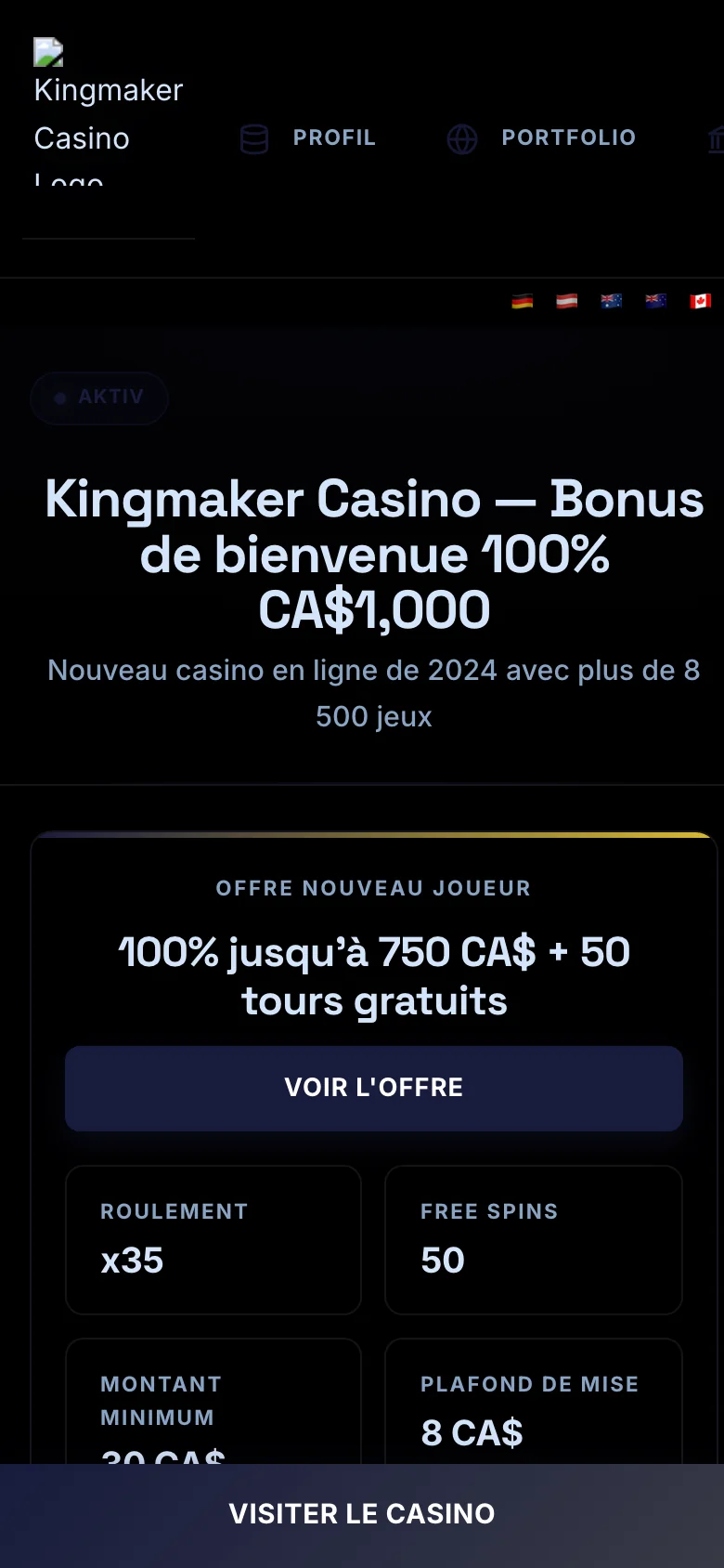 Kingmaker Casino mobile lobby screenshot